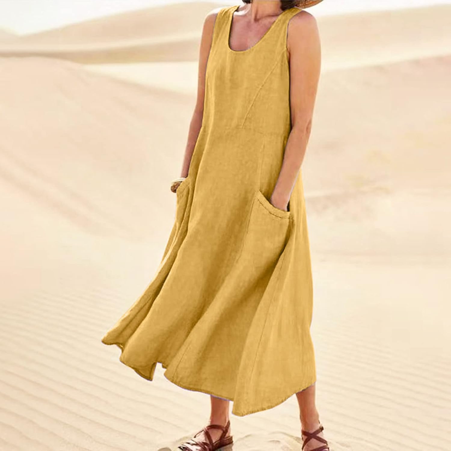 Women's Casual Sleeveless Dresses, Cotton Linen Pocket Dresses Summer Dresses for Women 2024 Sundresses Beach Dress