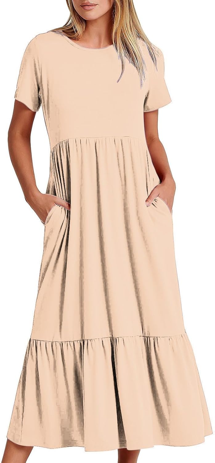 XUNRYAN Summer Dresses for Women 2024 Casual Calf Length Maxi Dress Pleated Flowy Tiered Swing Beach Sundress with Pockets