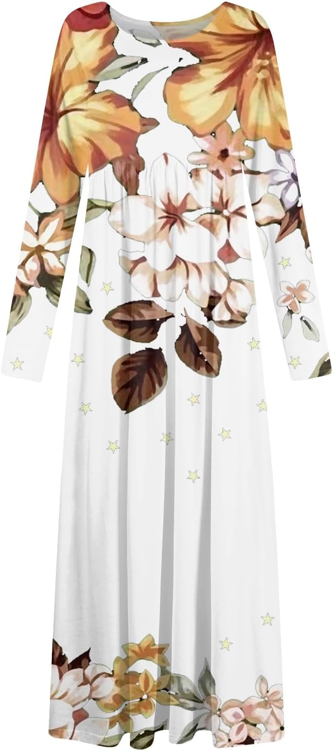 Long Sleeve Maxi Dress for Women Elegant Crew Neck Flowy Swing Dresses Solid Color Wedding Guest Dresses