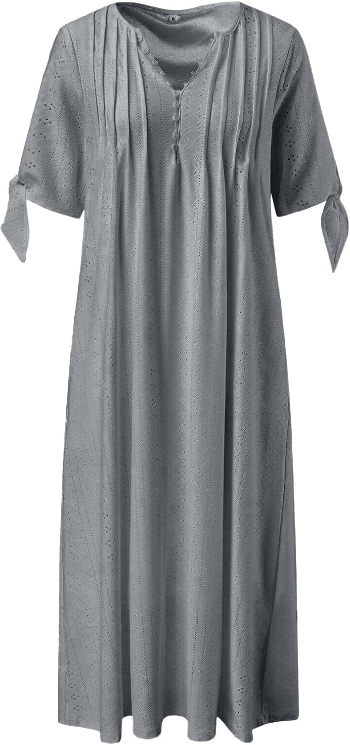 ZYXTIM Womens Eyelet Dress V Neck Short Sleeve Hollow Out Summer Beach Vacation Dresses Swing A Line Vintage Long Dresses