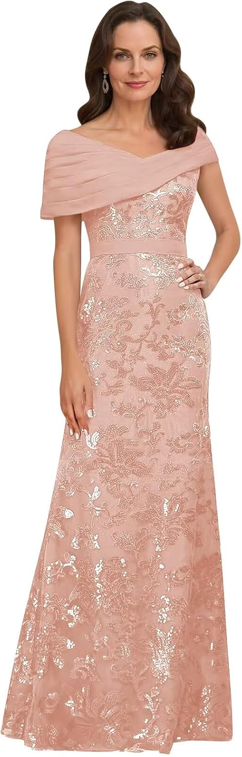 Lace Sequin Mother of The Bride Dresses for Women Long Mermaid Off The Shoulder Formal Evening Dress with Sleeves