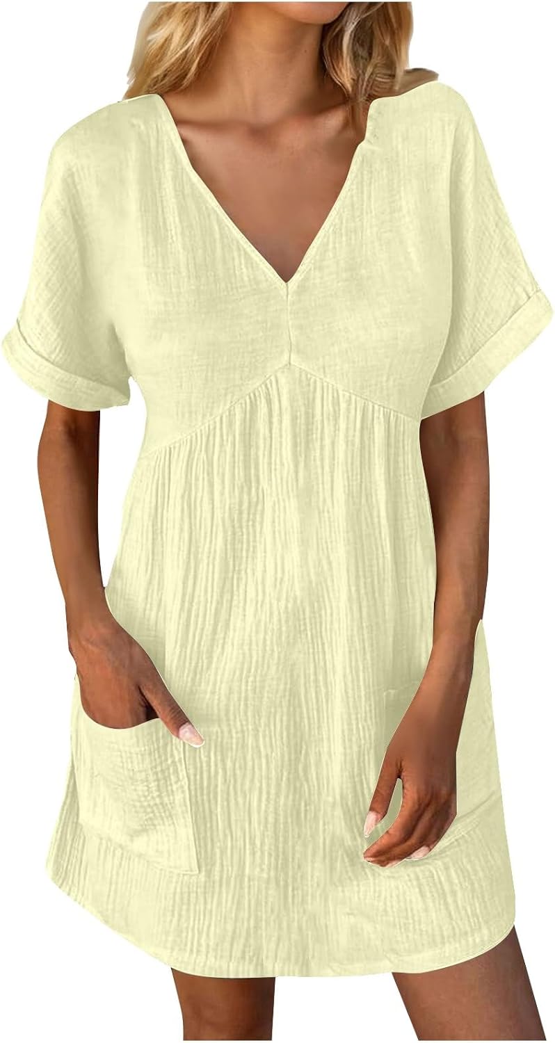 hlysgo Womens Summer Dresses 2024 Casual Loose Fit Short Sleeve V Neck Mini Dress Trendy Vacation Tshirt Dress with Pockets