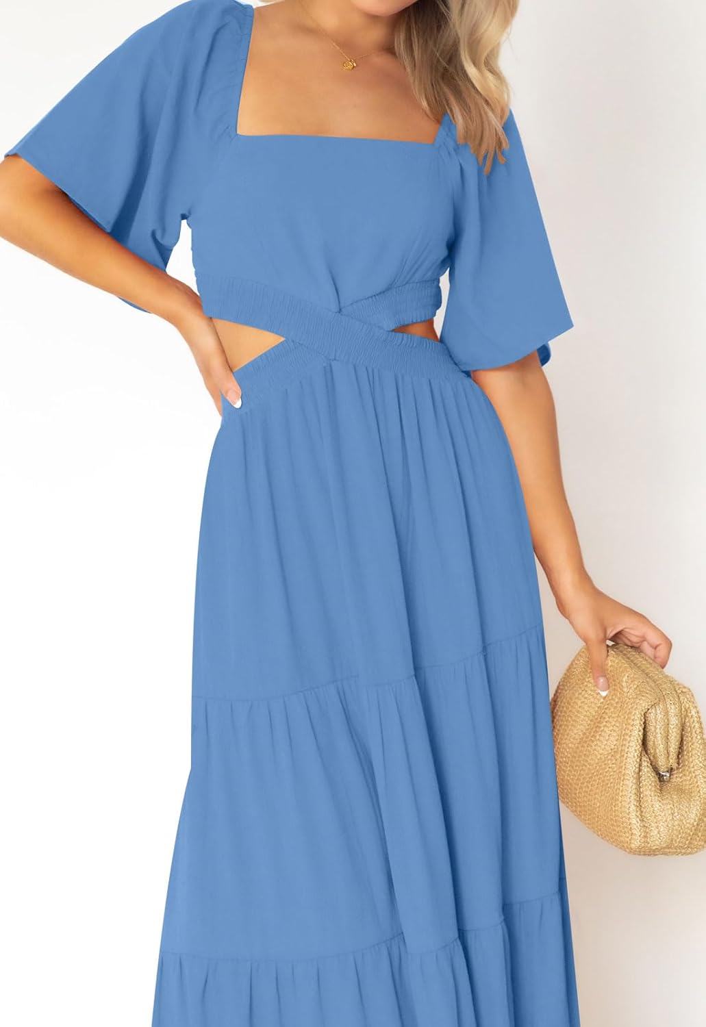 LEANI Women's 2025 Summer Cutout Maxi Dress Square Neck Short Sleeve Crossover Waist Casual Party Dresses