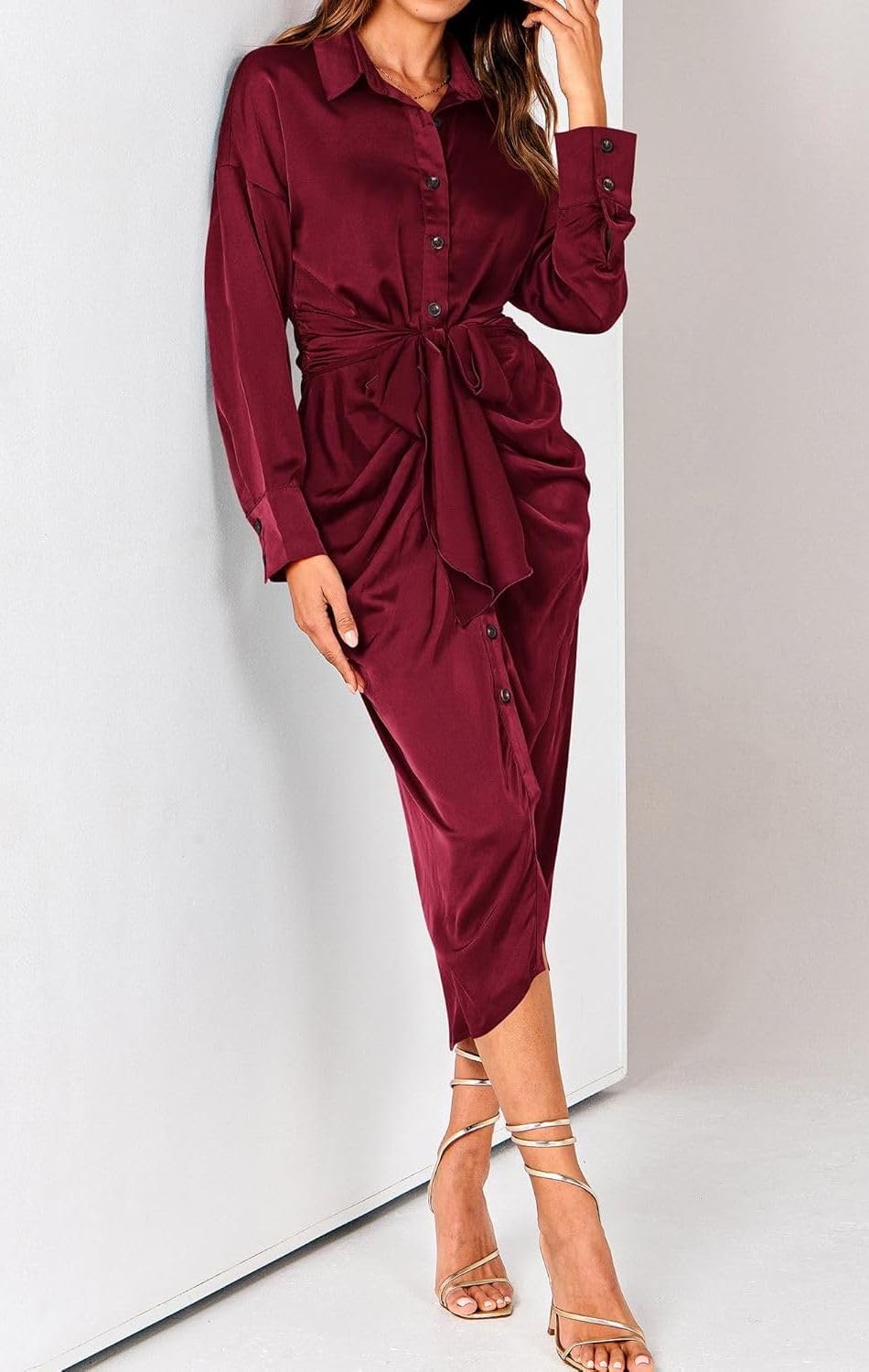 Women's Swing Classic Cute Maxi Ruched Breathable Shirt Dresses Bownot Slim Fitted Dress