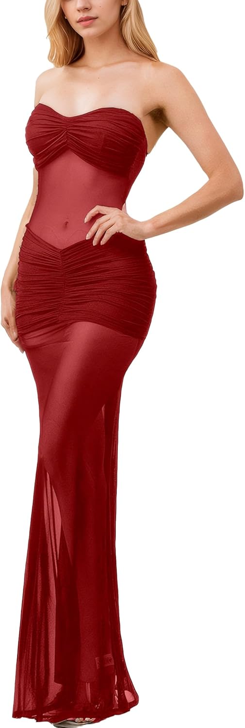 Women’s See Through Mesh Maxi Dress Sweatheart Neck Patchwork Slim Fit Night Out Seaside Long Dresses