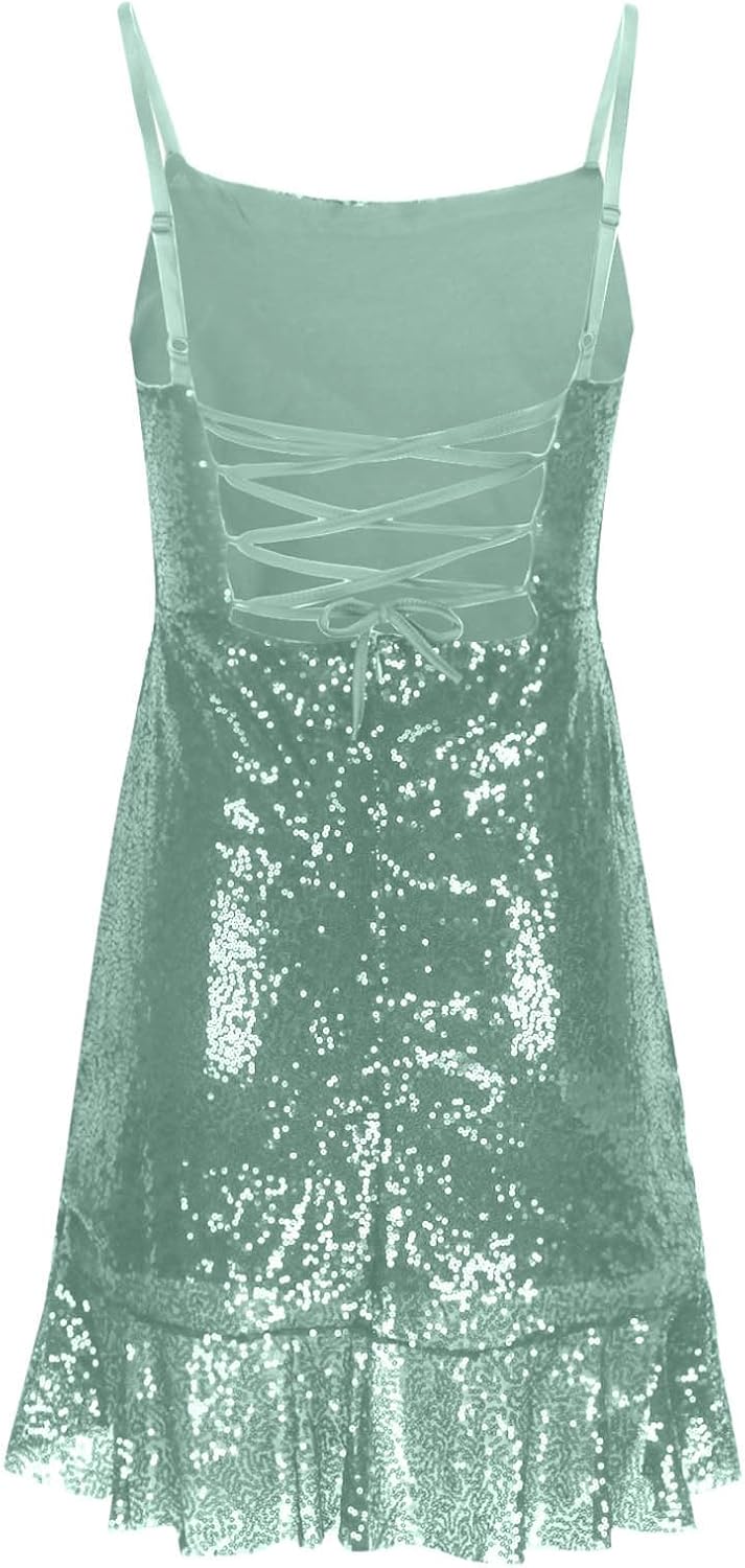 Binmer Women Sparkly Sequin Mini Dress Sexy Glitter Spaghetti Strap Backless Ruffle Hem Cami Short Mini Club Party Dresses