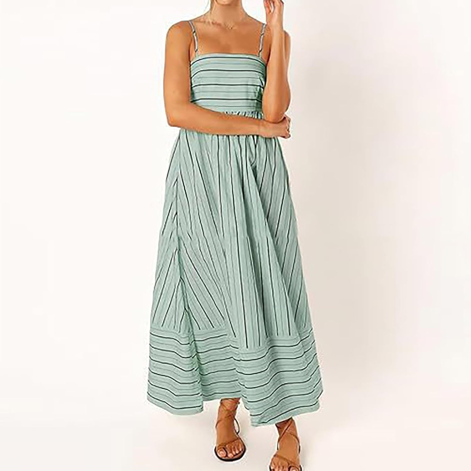 Beach Dresses for Women Summer Striped Back Smocked Maxi Dress Spaghetti Strap Cut Out Flowy A Line Long Sundresses
