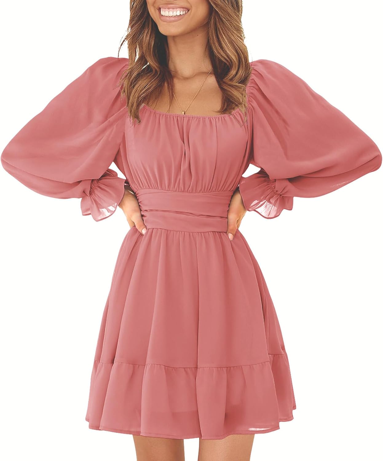 EXLURA Women's 2025 Casual Long Lantern Sleeve Dresses Square Neck Ruffle Tie Back Elastic Waist Aline Short Mini Dress