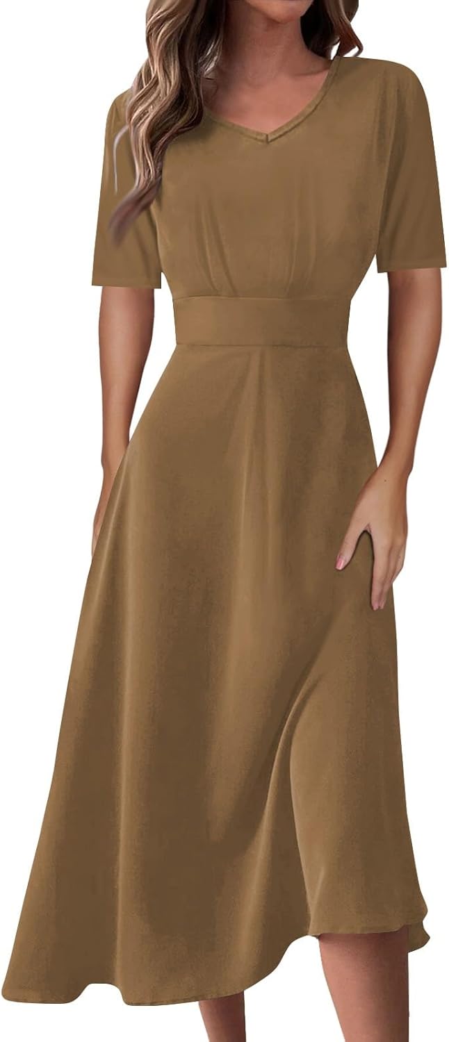 Women's Summer Elegant Cocktail Dress Solid Color Swing V-Neck Party Gown Dresses, S-2XL