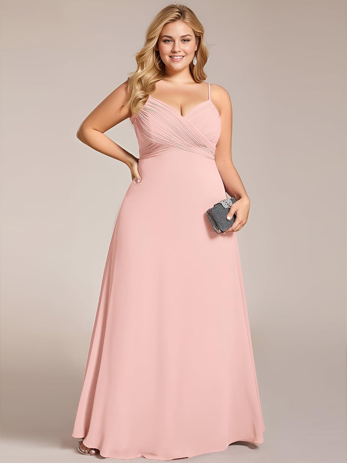 Ever-Pretty Women's Summer Chiffon Pleated Plus Size Bridesmaid Dresses Sleeveless Formal Gown with Spaghetti Straps
