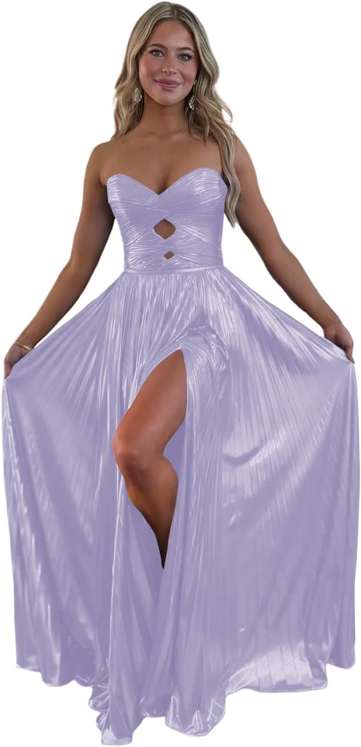 Loyeloy Sparkly Metallic Prom Dresses with Slit A Line Keyhole Satin Long Prom Ball Gowns for Women