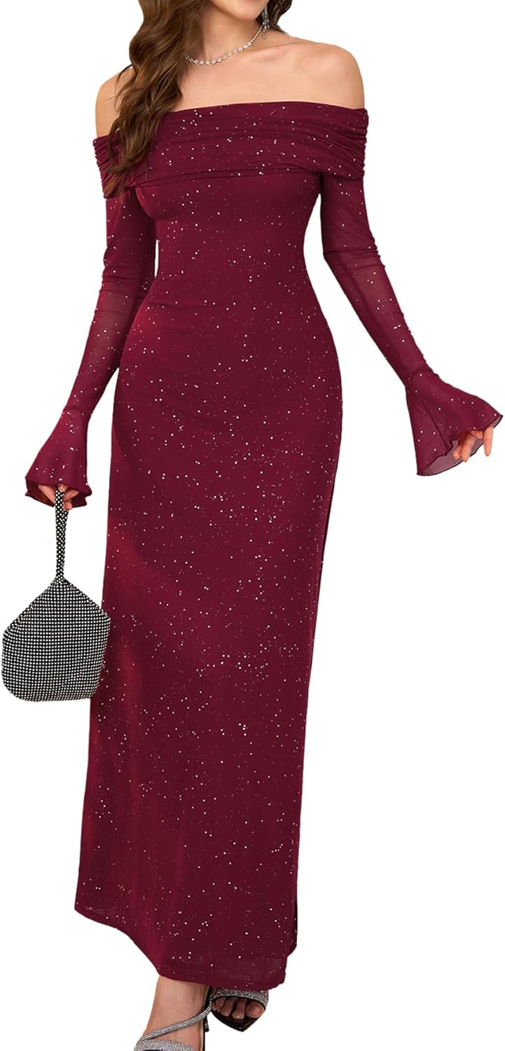 KUTUMAI Women Off Shoulder Bodycon Maxi Dress Long Sleeve Mesh Ruched Party Formal Wedding Guest Dresses