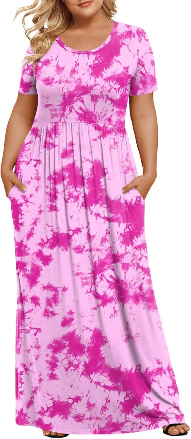 LONGYUAN Women's Plus Size Maxi Dresses for Curvy Women Summer Short Sleeve Casual 2025 Long Dress XL-6XL