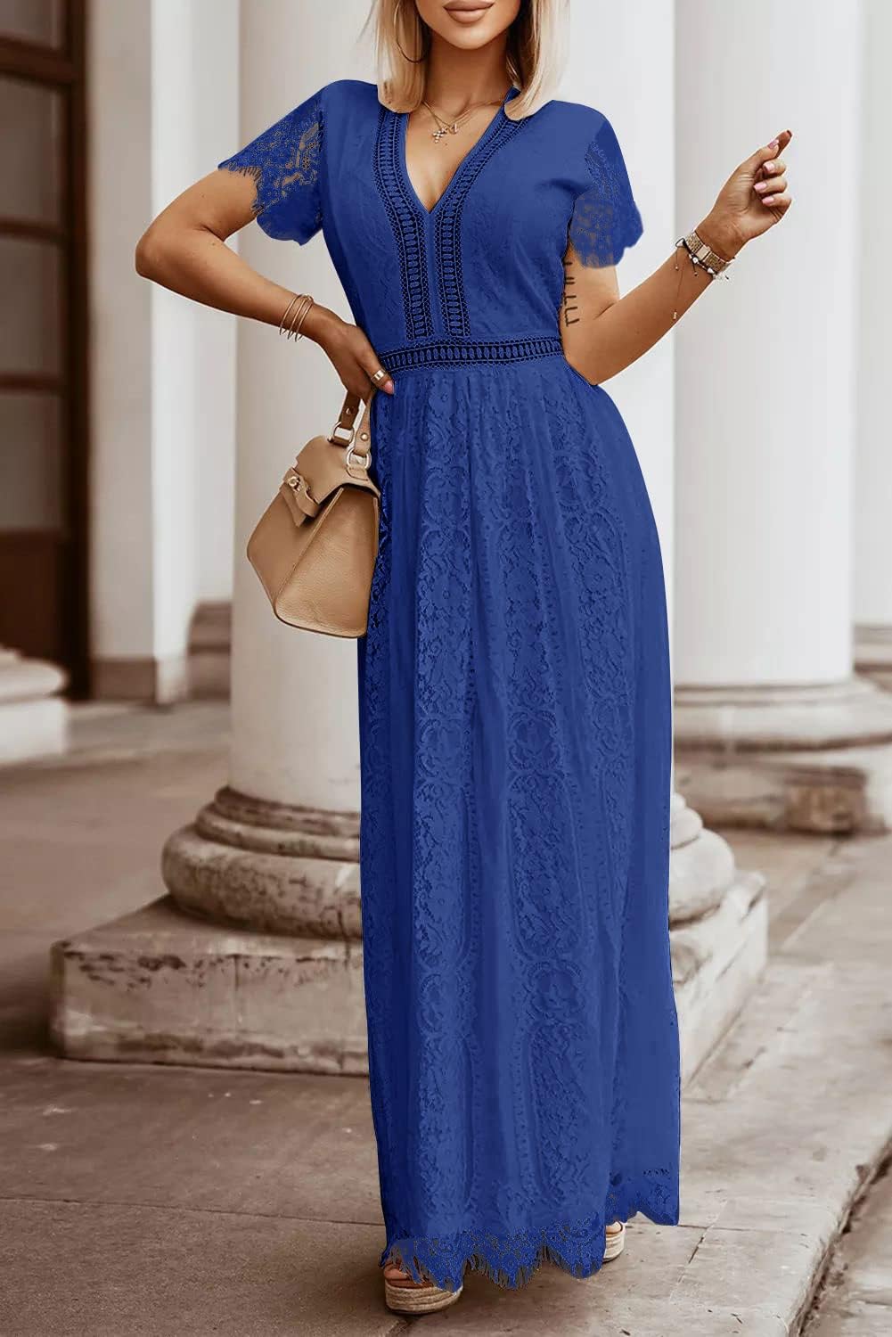 MEROKEETY Women's V Neck Short Sleeve Floral Lace Wedding Dress Bridesmaid Cocktail Party Maxi Dress
