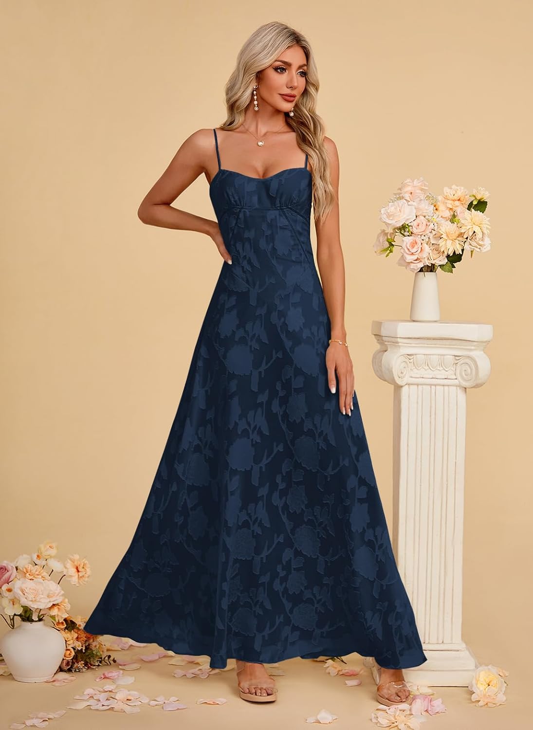 Women's Elegant Wedding Guest Dress Spaghetti Straps Floral Sleeveless Formal Dress Maxi Gown
