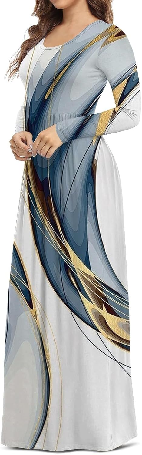 Long Sleeve Maxi Dress for Women Elegant Crew Neck Flowy Swing Dresses Solid Color Wedding Guest Dresses