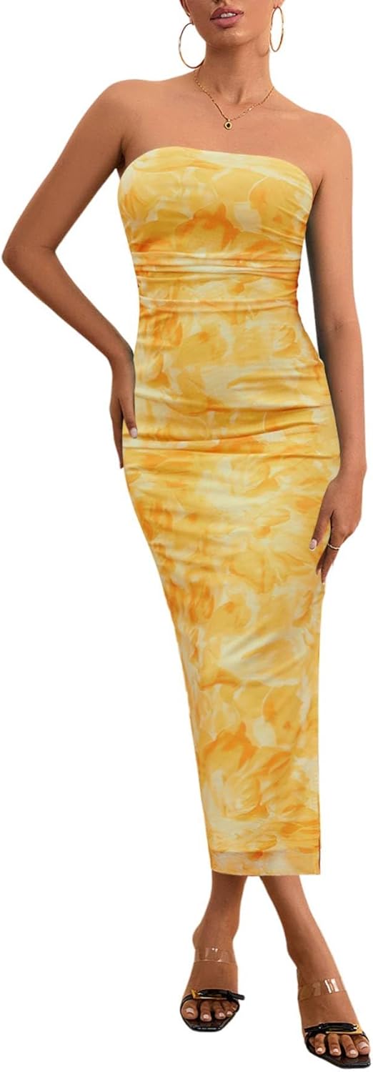 Milumia Women's Printed Strapless Tube Top Long Dress Slit Hem Sleeveless Bodycon Maxi Dresses