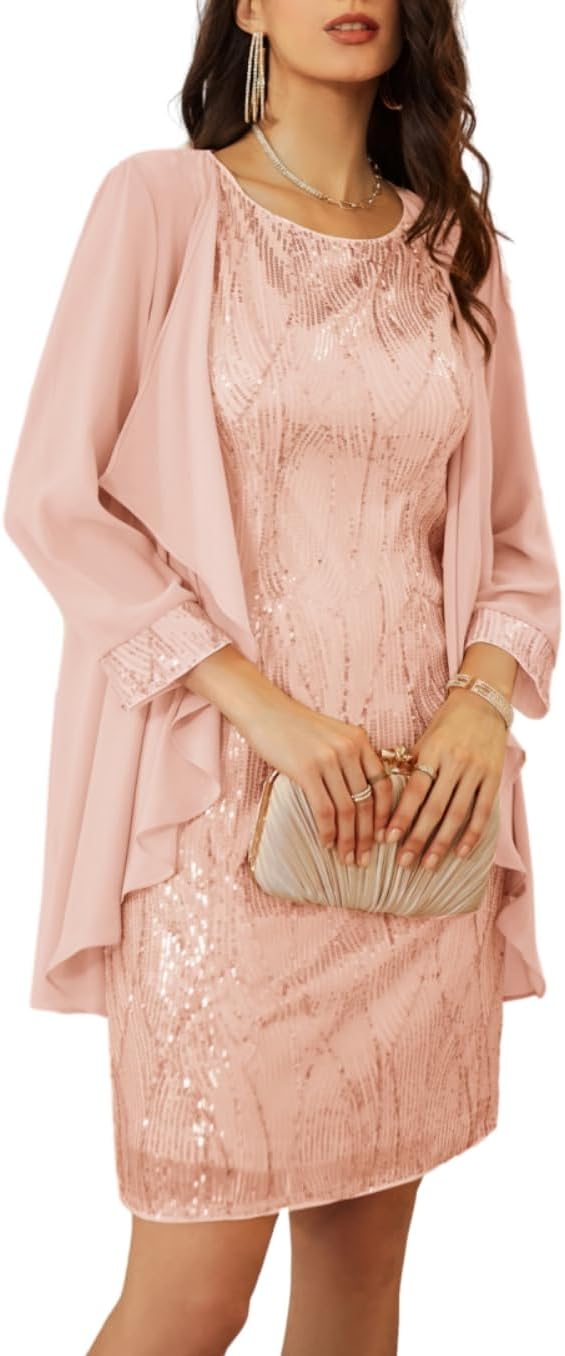 GRACE KARIN Sequin Dress for Women Knee Length Mother of the Bride Dresses Formal Dress Two Piece Dress with Chiffon Jacket