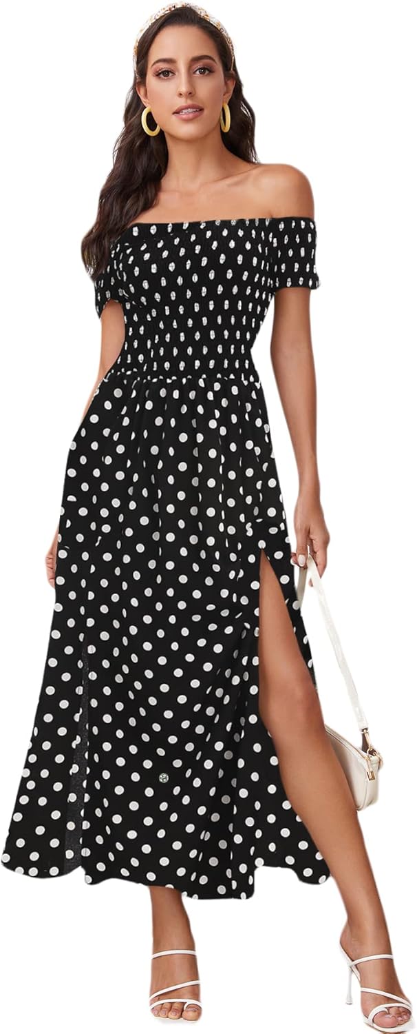 Floerns Women's Boho Floral Print Off Shoulder Split Long A Line Dress