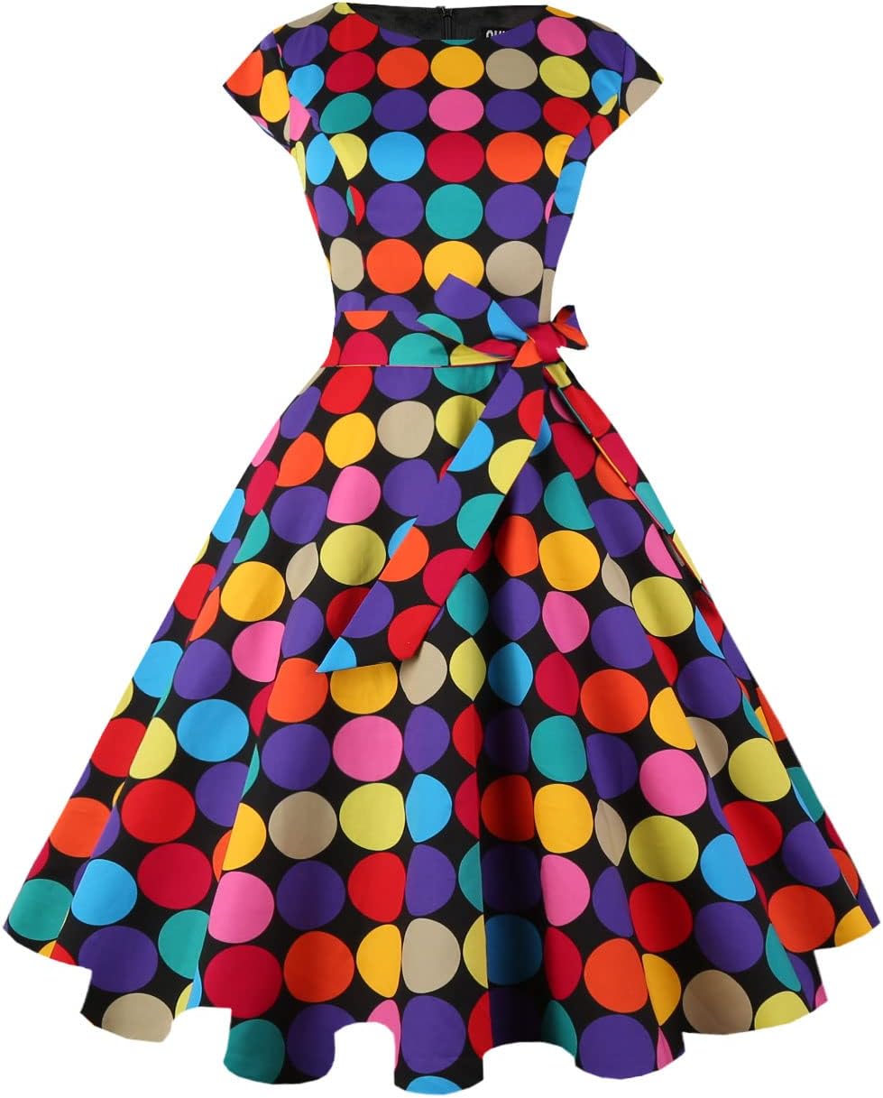 PUKAVT Women's 1950 Boatneck Cap Sleeve Vintage Swing Cocktail Party Dress with Pockets