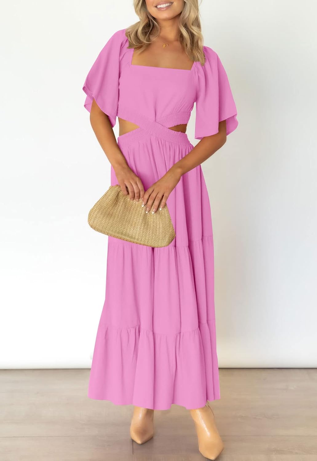 LEANI Women's 2025 Summer Cutout Maxi Dress Square Neck Short Sleeve Crossover Waist Casual Party Dresses
