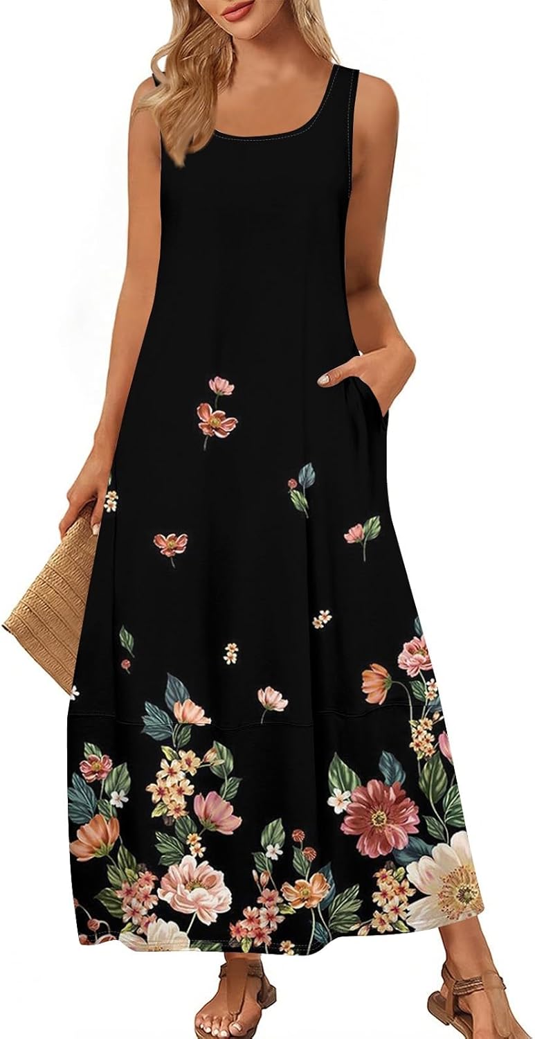 Womens Summer Tank Dress Vacation Boho Floral Long Dresses with Pockets Resort Wear Swing Beach Sleeveless Sundress