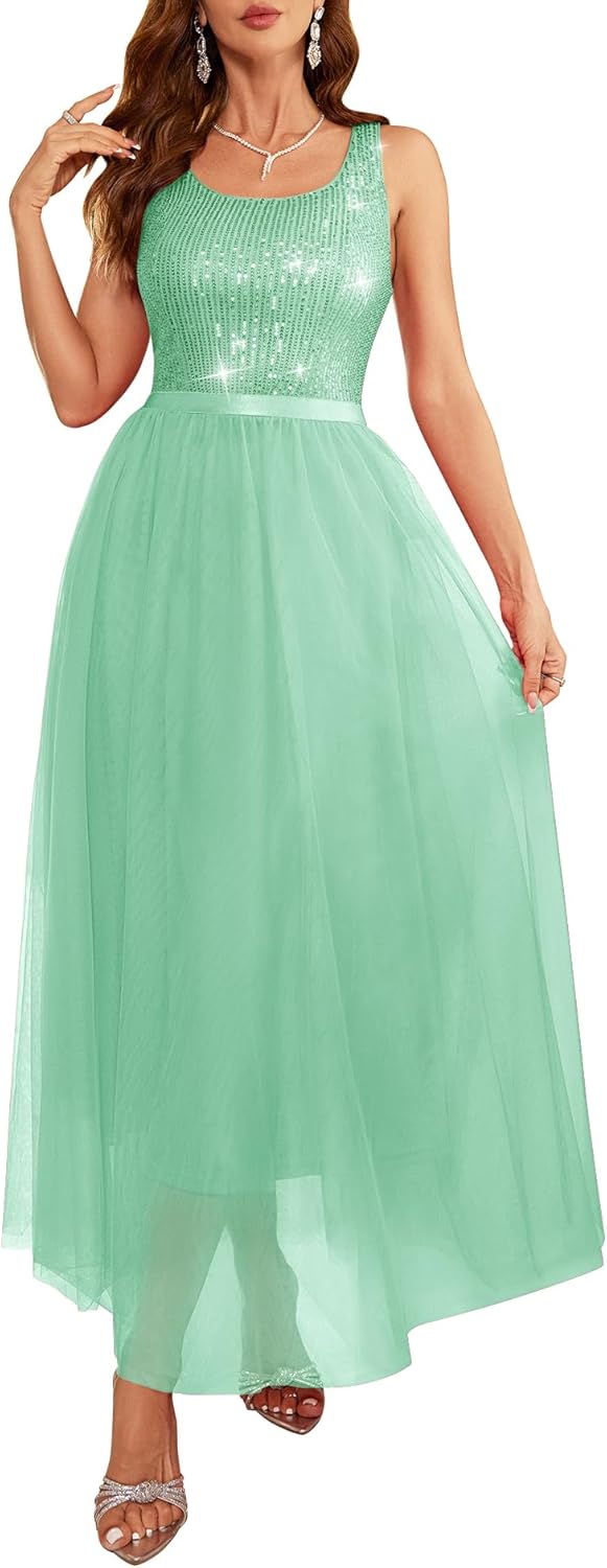 BeryLove Sequin Dress for Woman Vintage A Line Wedding Formal Swing Mesh Dress Sleeveless Cocktail Maxi Gowns