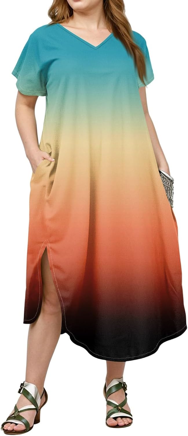 Maxi Dresses for Women 2025 Plus Size Tie Dye V Neck Dress Short Sleeve Side Split Beach Summer Sundress with Pocket