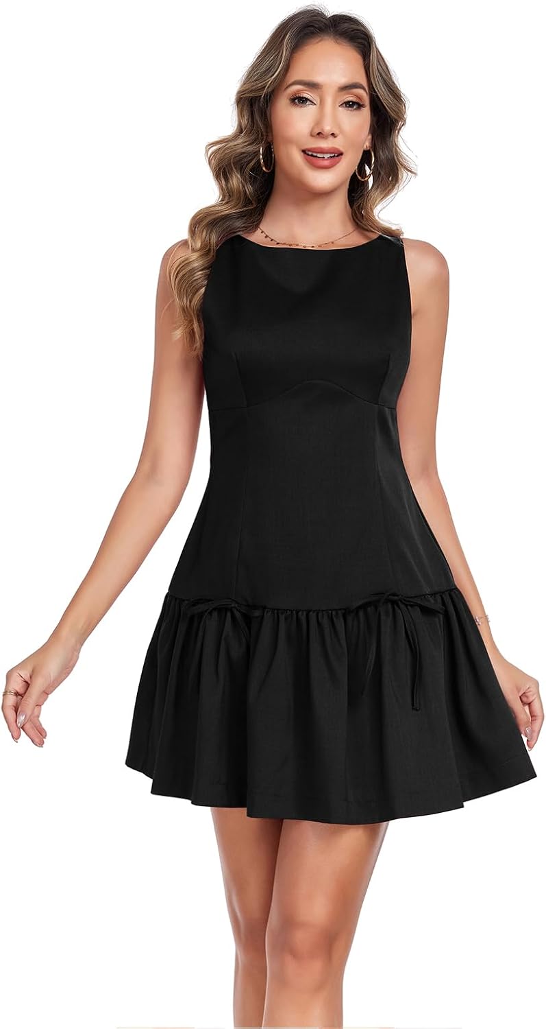 Summer Dress for Women, Sleeveless Round Neck Mini Dress, Casual Pleated Bow Zipper Tank Dress