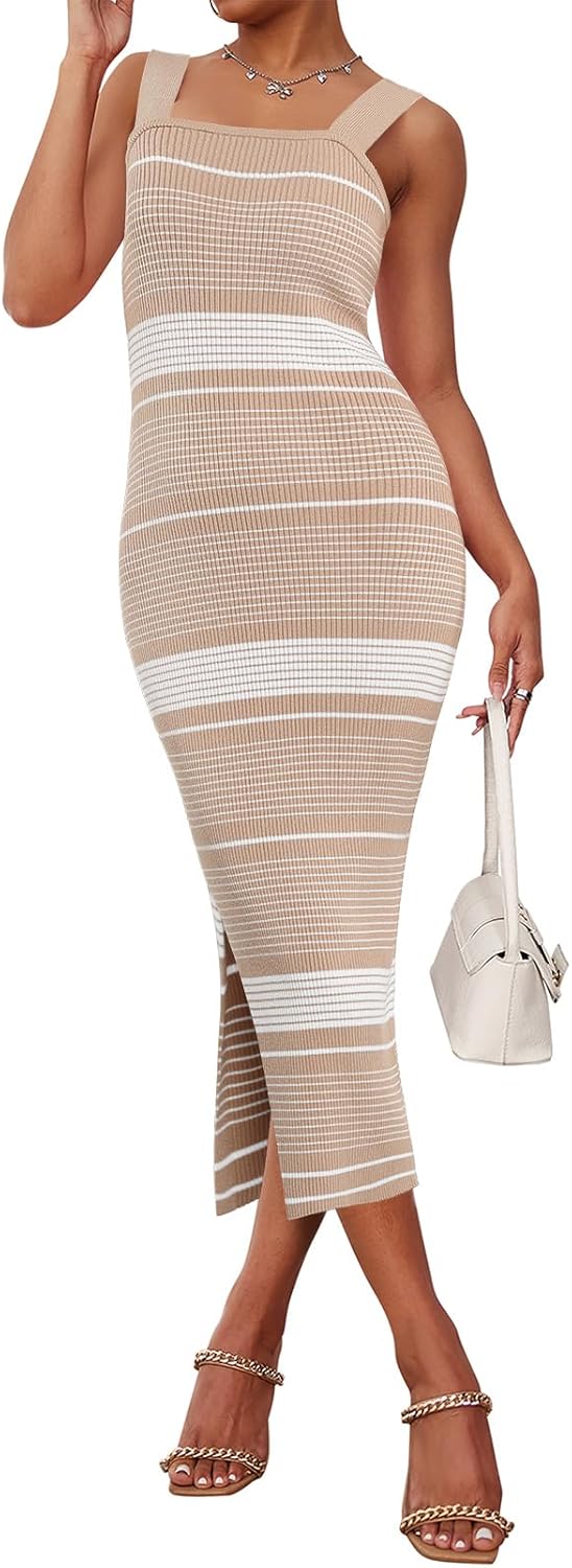 MEROKEETY Women's 2025 Summer Spring Bodycon Midi Dress Vacation Sleeveless Ribbed Knit Striped Party Sweater Dresses