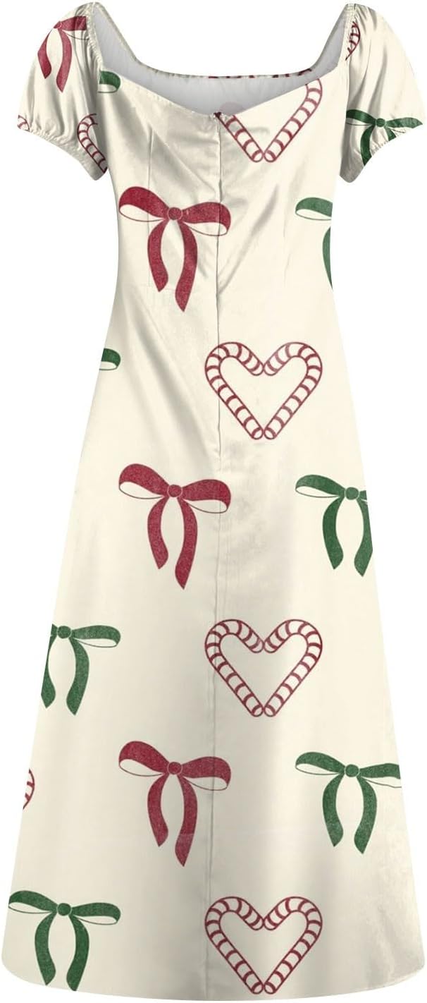 Women's Sundresses 2025 Summer Casual Loose Trendy Bubble Sleeve Square Neck Split Bow Floral Print Dress Plus Size, XS-3XL