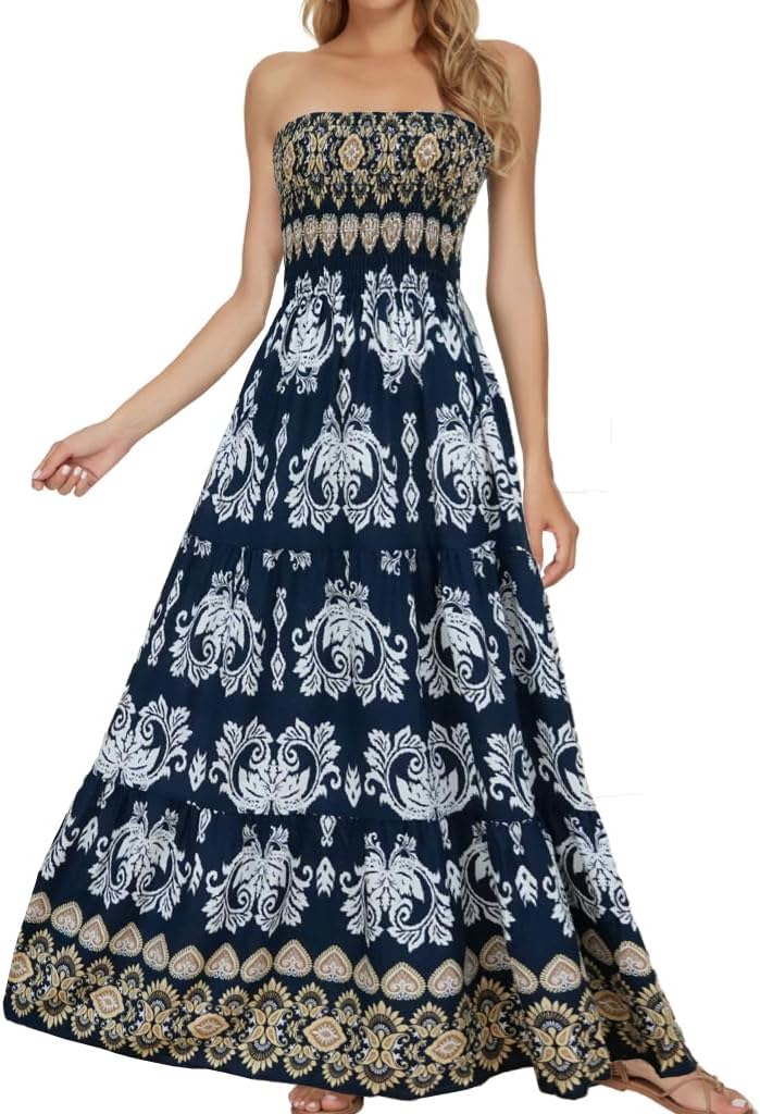 Women's Summer Strapless Tube Top Maxi Dresses Off Shoulder Boho Beach Long Dress