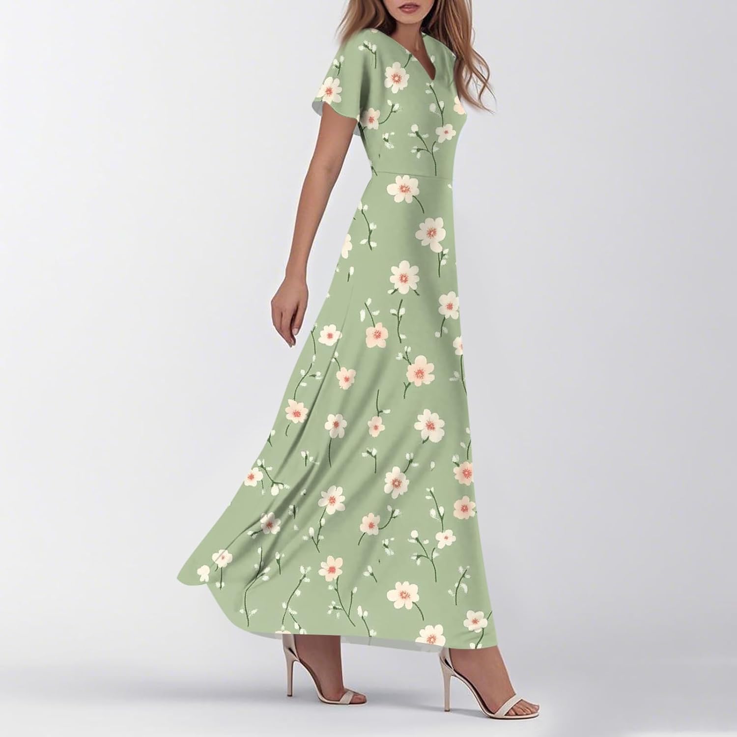 Womens Fashion V Neck Ruffle Short Sleeve Maxi Dress 2025 Summer Elegant Solid Color Flowy A Line Dresses