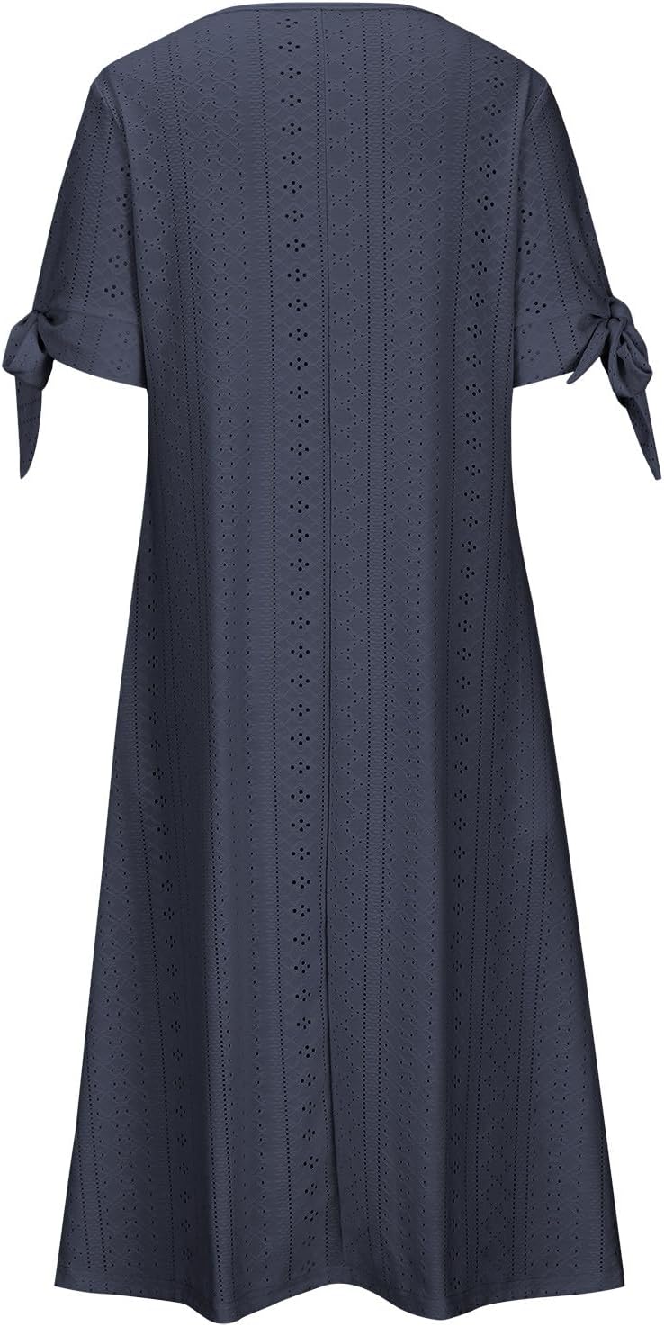 Boho Dresses for Women 2024 Fashion Summer Short Sleeve Eyelet Notch V Neck Sundress Beach Casual Maxi Long Dress