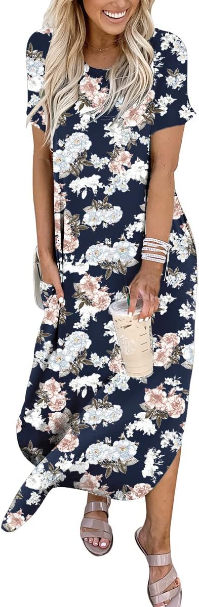 ANRABESS Women's Summer Casual Loose Short Sleeve Long T Shirt Dress Split Maxi Beach Sundress Travel Vacation Outfits