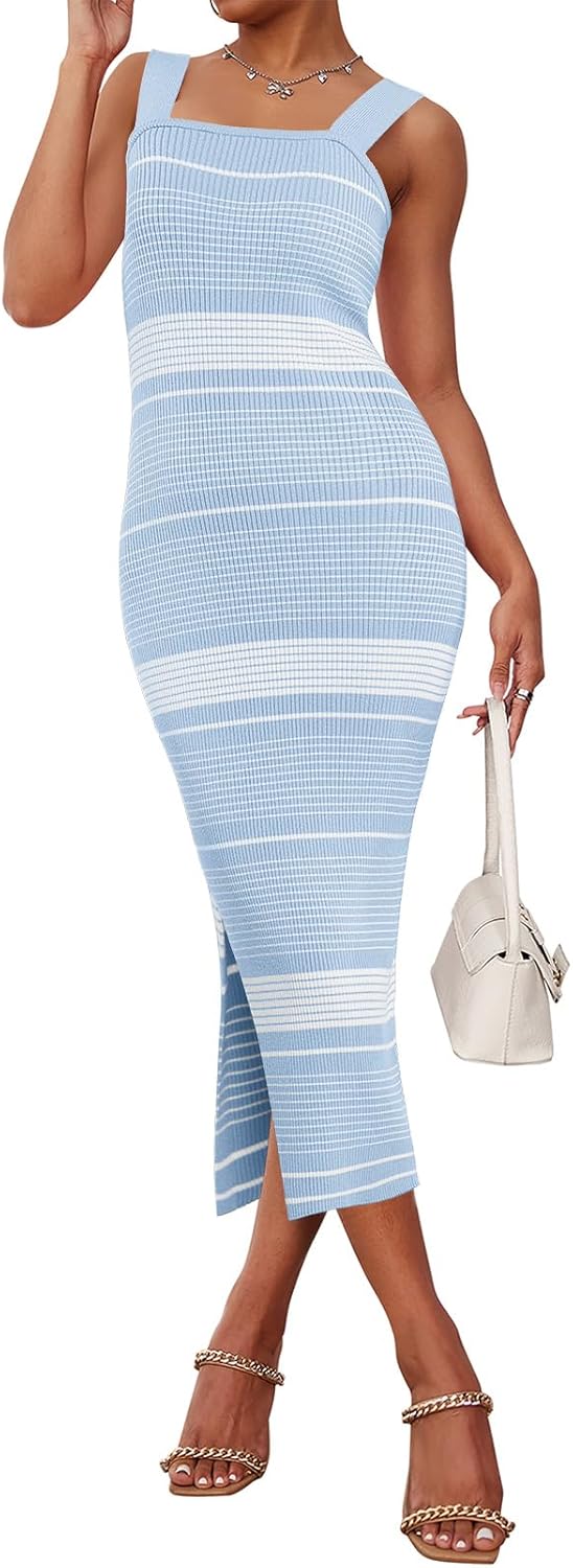 MEROKEETY Women's 2025 Summer Spring Bodycon Midi Dress Vacation Sleeveless Ribbed Knit Striped Party Sweater Dresses