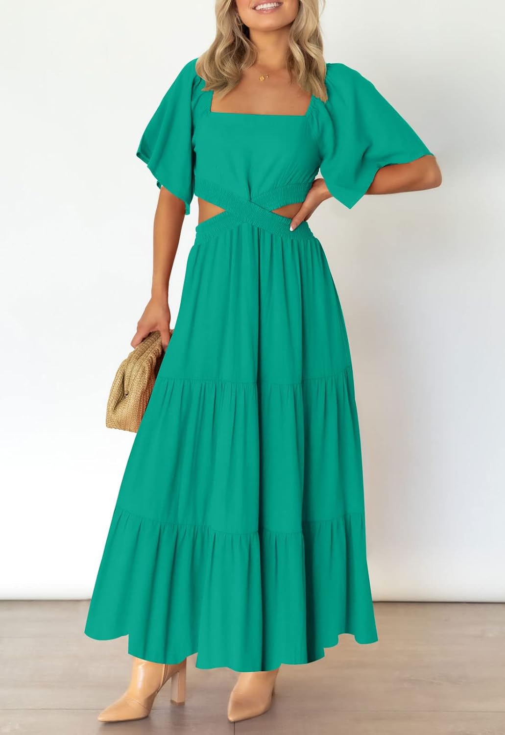 LEANI Women's 2025 Summer Cutout Maxi Dress Square Neck Short Sleeve Crossover Waist Casual Party Dresses