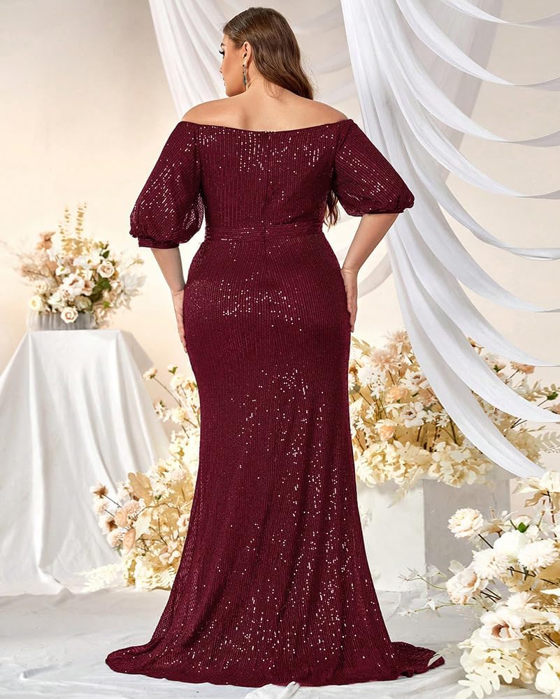 Women's Plus Size Off Shoulder Puff Sleeve Sequin Formal Maxi Dress Evening Party Gowns