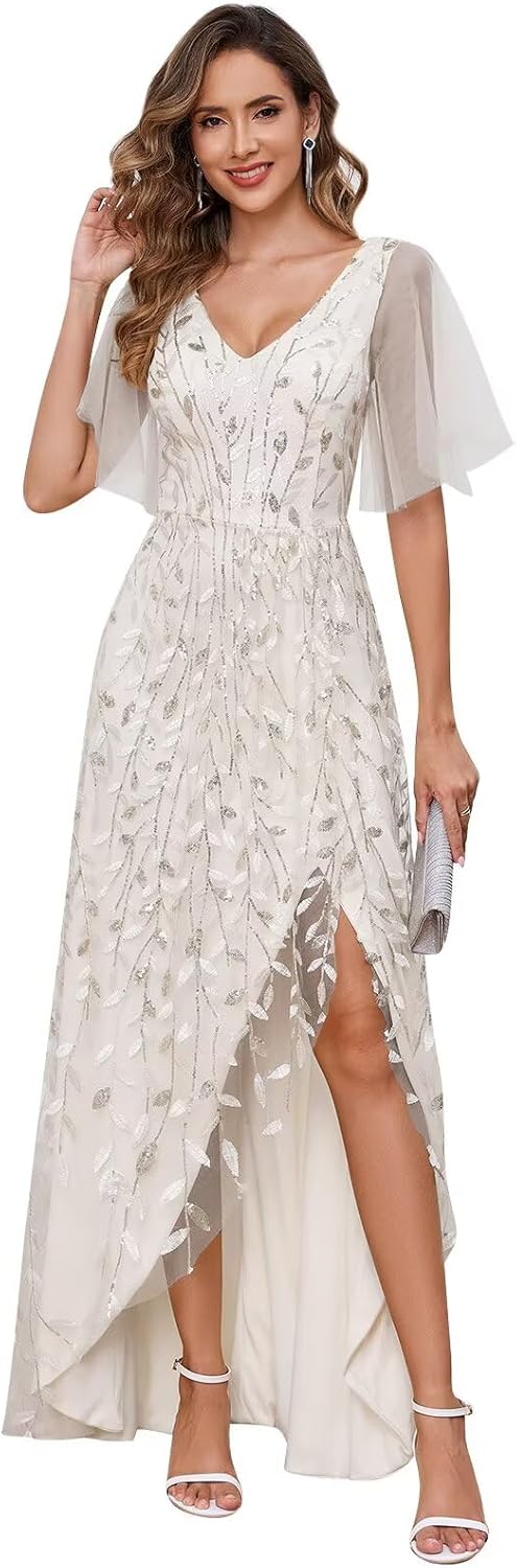Women's Short Sleeve Mother of The Bride Dresses for Wedding Sparkly Sequin Long Formal Evening Dresses