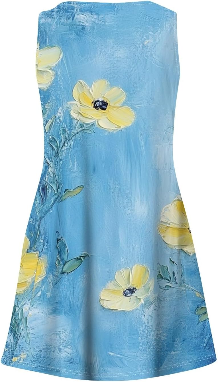 Women's Sleeveless Floral Print Summer Dress Casual V-Neck A-Line Mini Dress for Beach Party and Daily Wear