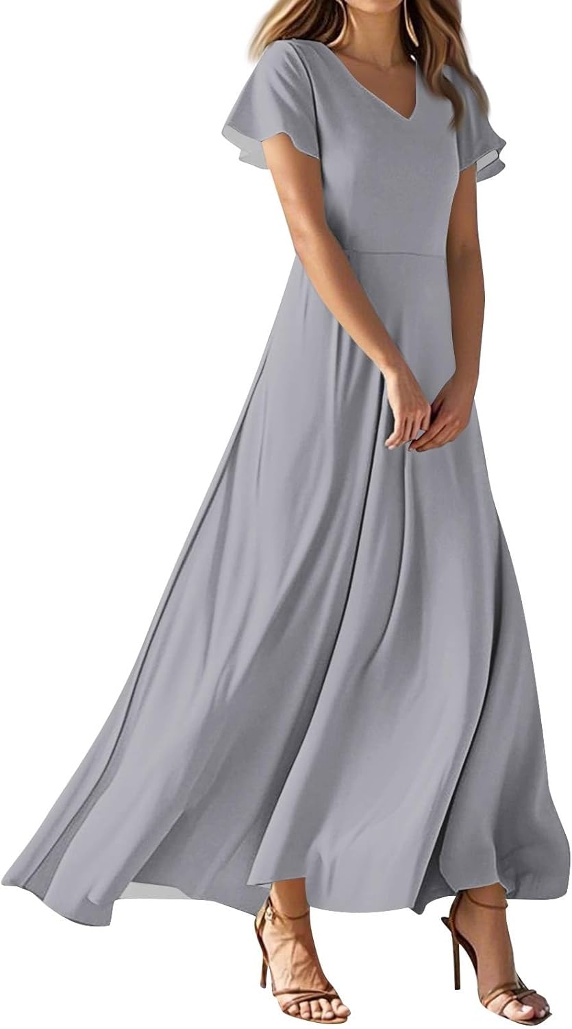 Womens Fashion V Neck Ruffle Short Sleeve Maxi Dress 2025 Summer Elegant Solid Color Flowy A Line Dresses