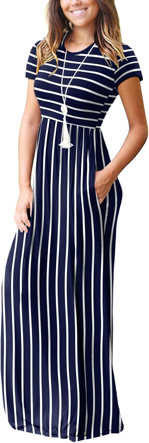 DEARCASE Maxi Dress for Women Short Sleeve Casual Summer Loose Plain Comfy Long Dresses with Pockets