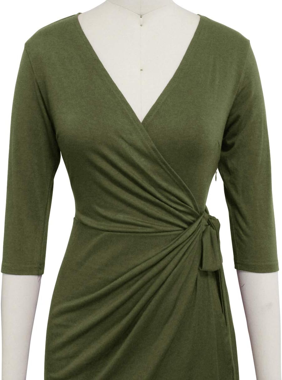 Berydress Women's Classic 3/4 Sleeve V Neck Sheath Casual Party Work Faux Black Wrap Dress