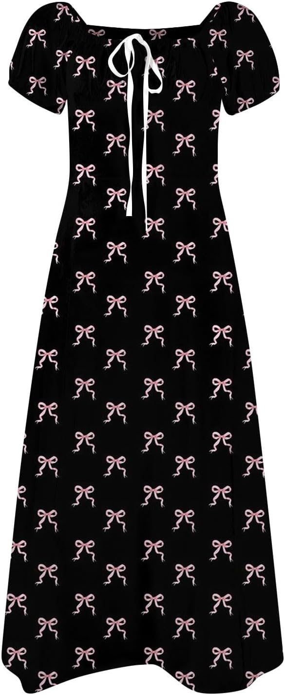 Women's Sundresses 2025 Summer Casual Loose Trendy Bubble Sleeve Square Neck Split Bow Floral Print Dress Plus Size, XS-3XL