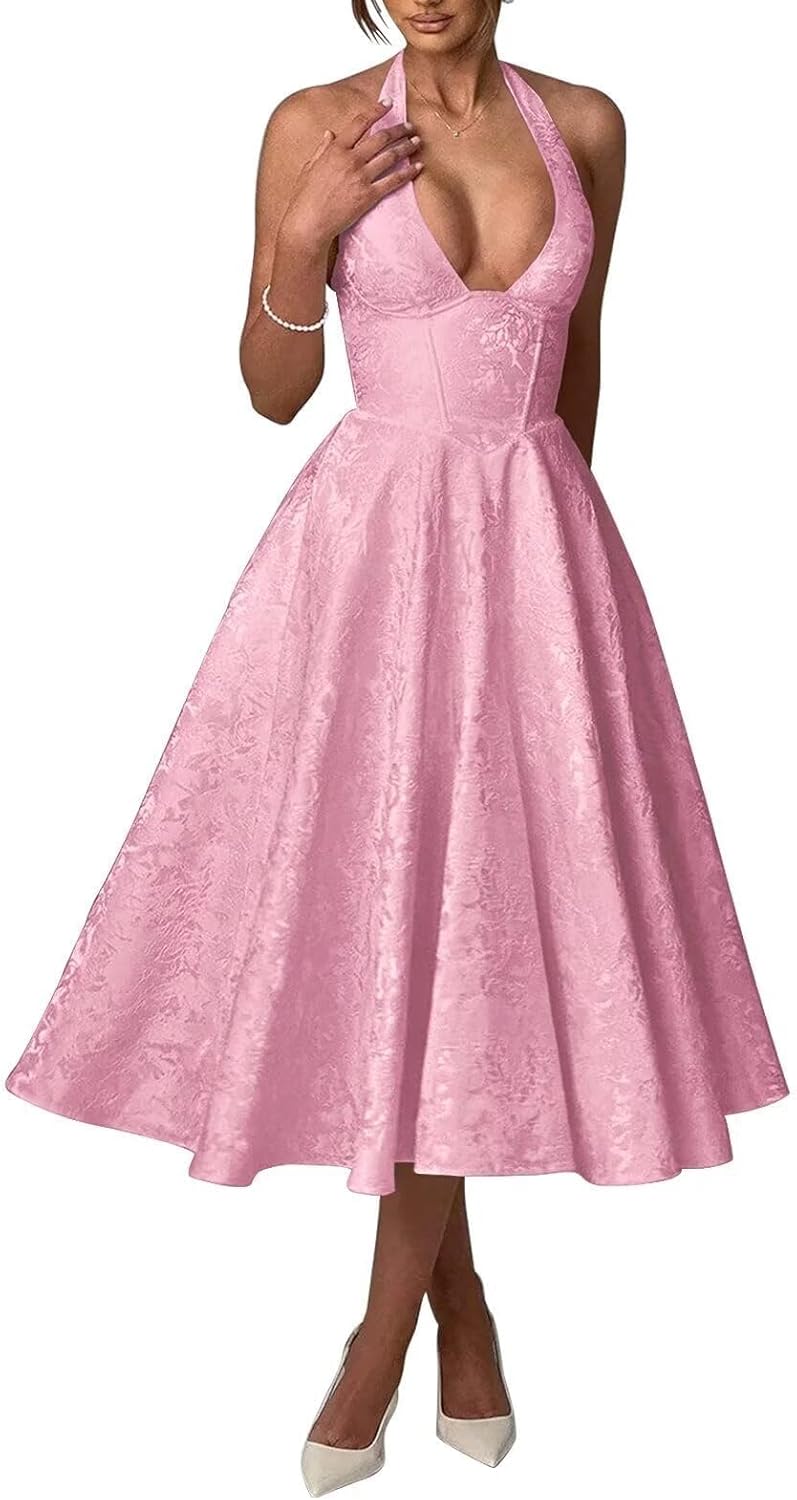 Bow Tea Length Prom Dress for Women Embroidery Satin Evening Party Gown A Line Corset Cocktail Dress