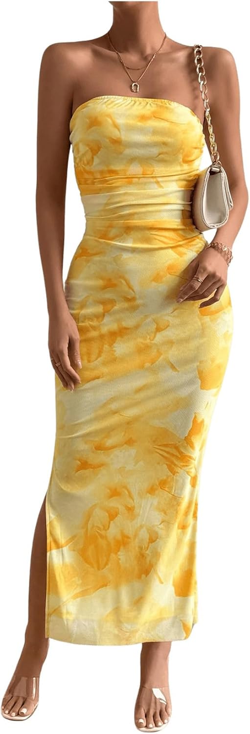 Milumia Women's Printed Strapless Tube Top Long Dress Slit Hem Sleeveless Bodycon Maxi Dresses