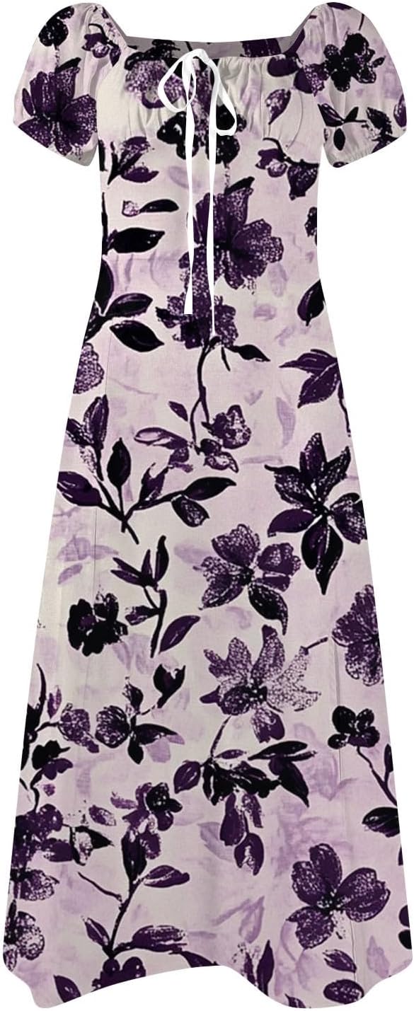 Women's Sundresses 2025 Summer Casual Loose Trendy Bubble Sleeve Square Neck Split Bow Floral Print Dress Plus Size, XS-3XL