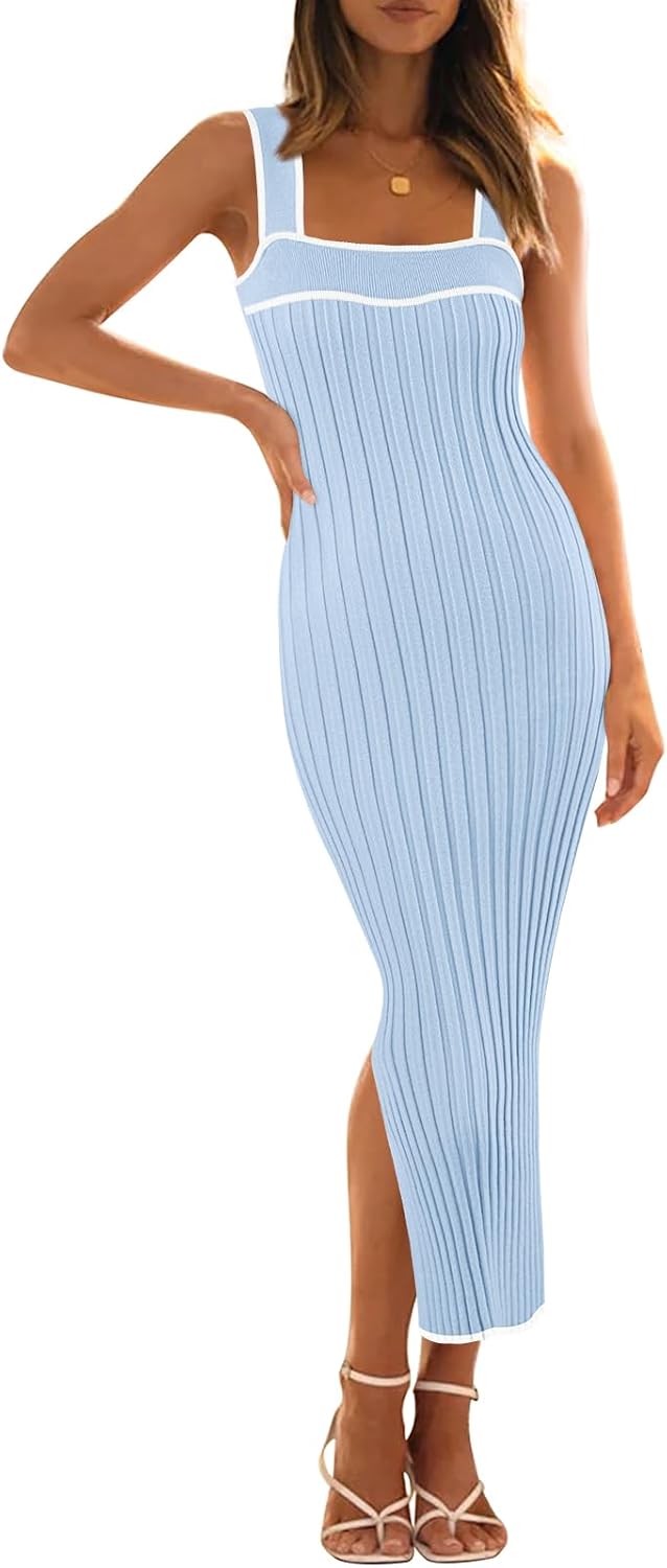MEROKEETY Women's 2025 Summer Spring Bodycon Midi Dress Vacation Sleeveless Ribbed Knit Striped Party Sweater Dresses