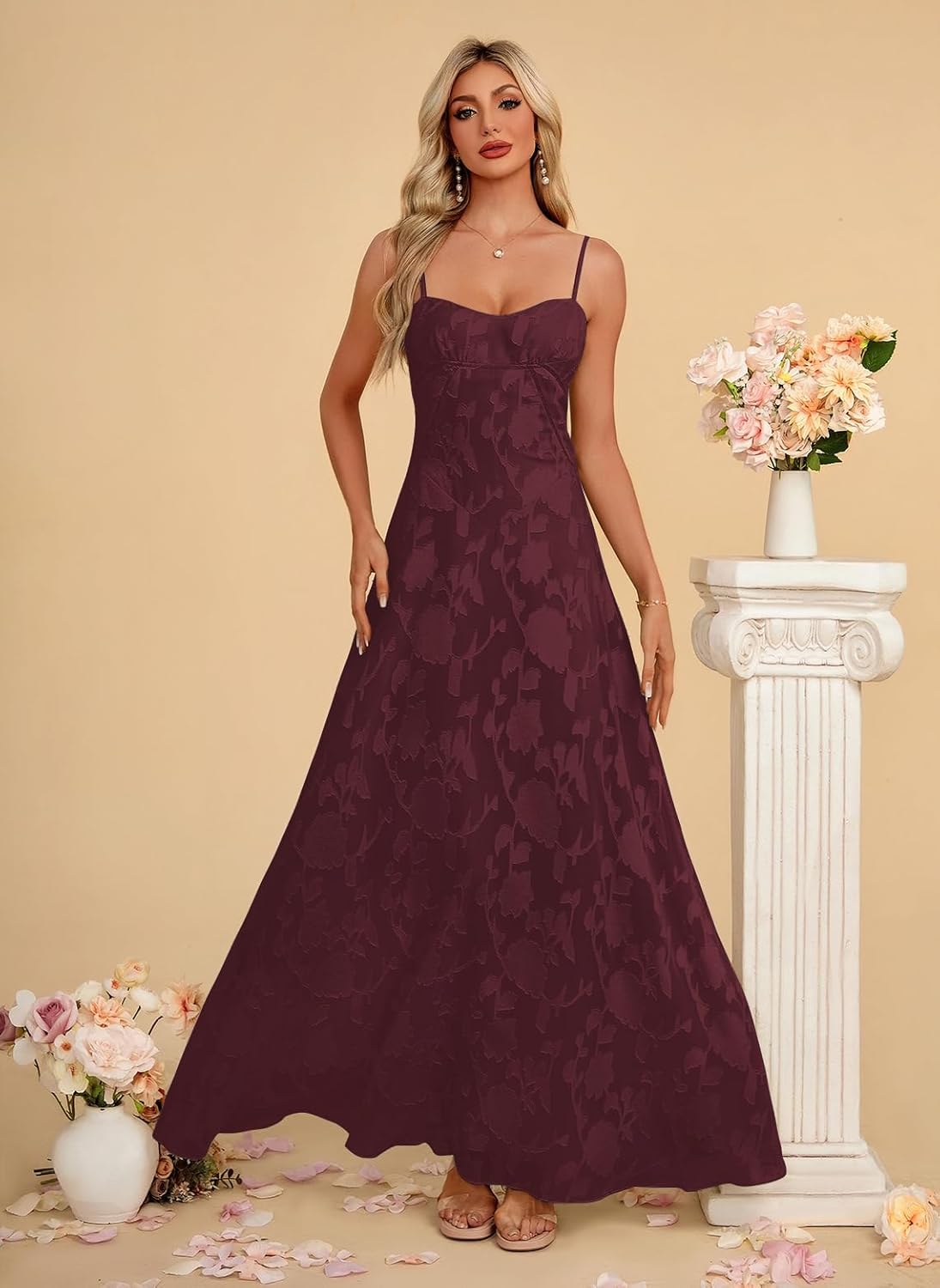 Women's Elegant Wedding Guest Dress Spaghetti Straps Floral Sleeveless Formal Dress Maxi Gown