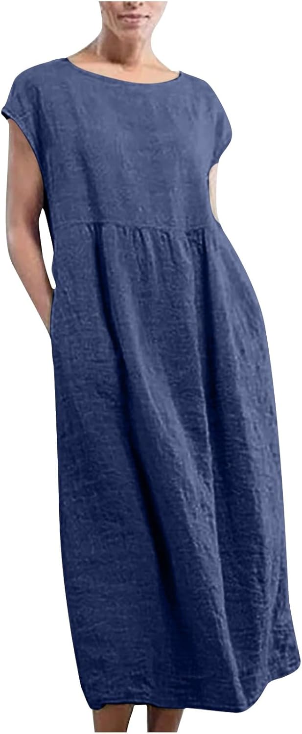 Linen Dresses for Women 2025 Summer Fashion Solid Color Sleeveless Dresses Beach Flowy Maxi Dresses Casual Sundress